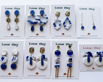Santorini inspired earrings, blue and white summer clay earrings, Mediterranean earrings, vacation statement earrings, Greece earrings