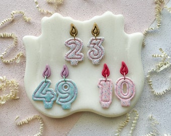 Polymer clay birthday candle earrings, birthday number earrings, milestone birthday celebration earrings, birthday gift for best friends