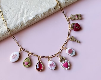 Valentine’s Day custom charm necklace, build your own charm necklace, handmade clay charms, paper clip charm necklace, best friend gift