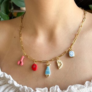 May include: Gold-toned chain necklace with colorful charms. Charms include a pink lobster, red tomato, blue striped fish, lemon slice, and a blue and white square. The necklace is worn around the neck.