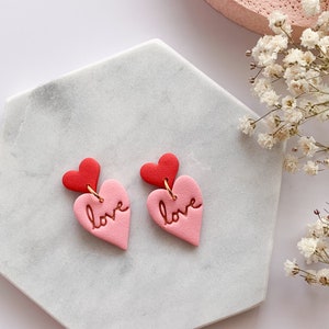 Valentine’s Day heart earrings, polymer clay heart dangle earrings, heart love earrings, pink and red heart earrings, galentines gifts