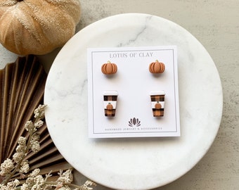 Coffee cup polymer clay studs, fall autumn coffee earrings, pumpkin stud earrings, fall clay earrings, pumpkin spice earrings