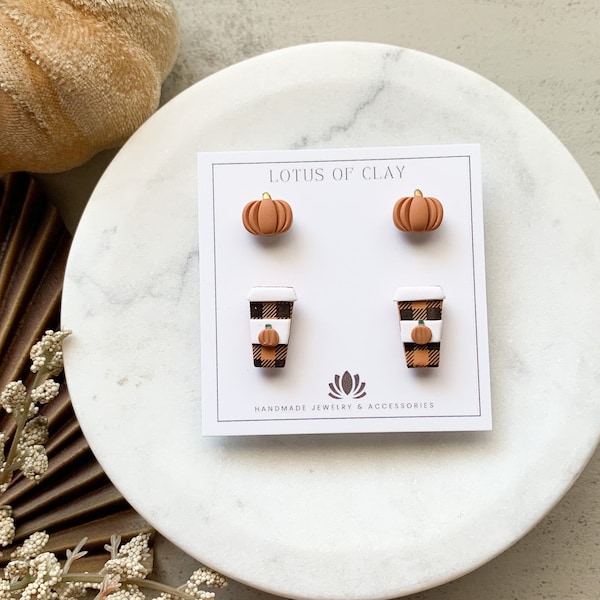 Coffee cup polymer clay studs, fall autumn coffee earrings, pumpkin stud earrings, fall clay earrings, pumpkin spice earrings
