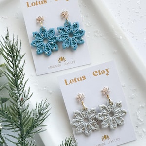 Snowflake Christmas dangle earrings, snowflake clay earrings, unique Christmas earrings, handmade Christmas earrings, holiday earrings