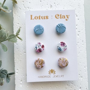 Clay stud pack set of 3 pairs, floral stud earrings set, small circle earring studs, blue circle studs, purple studs, handmade clay studs