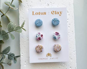 Clay stud pack set of 3 pairs, floral stud earrings set, small circle earring studs, blue circle studs, purple studs, handmade clay studs