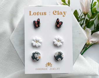 Spring clay stud pack, set of 3 handmade clay stud earrings, butterfly studs, flower studs, daisy flower studs, small gifts for friends