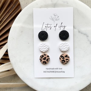 Clay stud pack set of three, small circle stud earrings, handmade clay studs, neutral color studs, leopard print studs