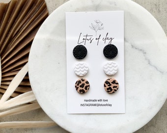 Clay stud pack set of three, small circle stud earrings, handmade clay studs, neutral color studs, leopard print studs