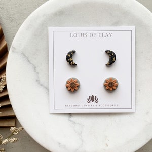 Moon and sunflower stud earrings, Set of 2 clay earring studs, sunflower earrings studs, tiny studs earrings, unique gifts for teenagers