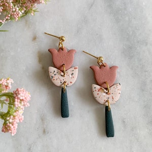 Tulip flower dangle earrings, flower clay earrings, summer clay earrings, flower lover gifts, cottagecore earrings