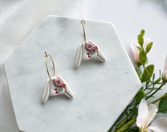 Easter bunny clay earrings, floral bunny hoop earrings, handmade Easter earrings, spring Clay earrings, cute Easter earrings for girls