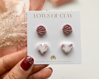 Valentine’s Day heart clay earrings, rose stud earrings, pink heart studs, set of two studs, galentines gifts for best friends