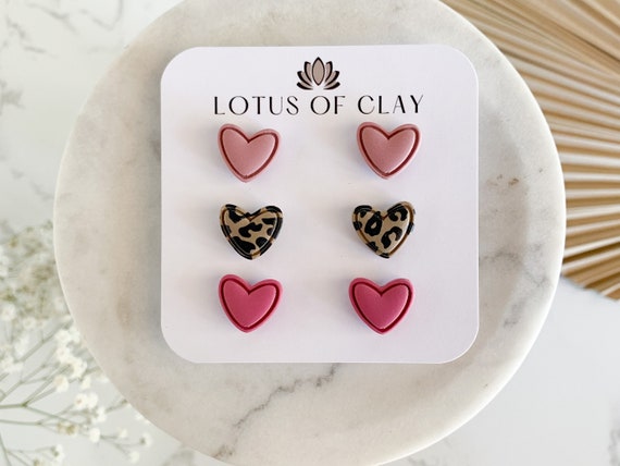 polymer clay heart stud earrings, pink heart studs set, leopard print studs, cute heart earrings, pink earrings, handmade studs for girls