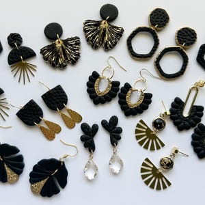 Black and gold statement earrings, black clay earrings, black and gold geometric earrings, elegant minimalist black earrings, gifts for wife