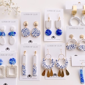 Blue and white summer clay earrings, Santorini inspired earrings, vacation statement earrings, lightweight earrings, Greece earrings