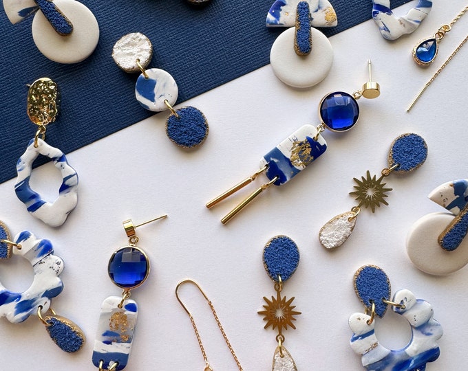 Handmade santorini earrings, blue and white summer clay earrings, Mediterranean earrings, vacation statement earrings, Greece earrings
