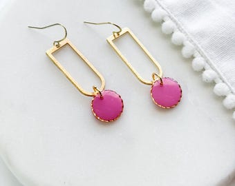 Pink geometric brass earrings, color season jewelry, polymer clay earrings, minimalist lightweight earrings, handmade jewelry for women