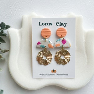 Orange geometric statement earrings, handmade colorful clay earrings, terrazzo dangle earrings, summer modern earrings