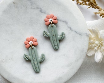 Polymer clay cactus dangle earrings, floral cactus earrings, boho cactus earrings for women, spring clay earrings, plant lover gifts