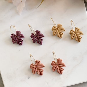 Maple leaf hoop dangle earrings, fall clay earrings, autumn hoop earrings, fall lovers gifts, Halloween clay earrings