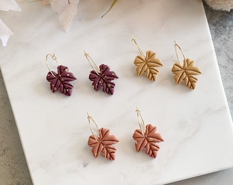 Maple leaf hoop dangle earrings, fall clay earrings, autumn hoop earrings, fall lovers gifts, Halloween clay earrings