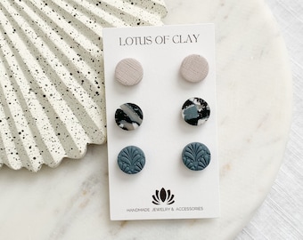 Clay stud pack set of three, blue clay stud earrings, small circle stud earrings, handmade clay studs, neutral tone studs