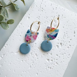 Light blue clay hoop earrings, gold hoop geometric dangle earrings, handmade colorful clay earrings, summer earrings