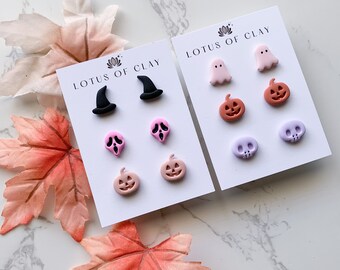Pink Halloween polymer clay studs, Halloween clay earrings, jack o lantern studs, ghost stud earrings, cute Halloween studs for girls