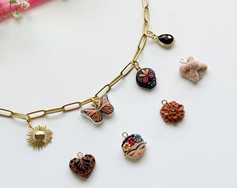 Mexican inspired charm necklace, custom charm necklace, Frida Khalo necklace, Mexican charms, handmade charm necklace