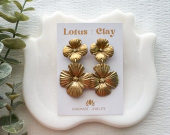 Gold double flower earrings for women, gold flower statement earrings, handmade polymer clay earrings, floral earrings