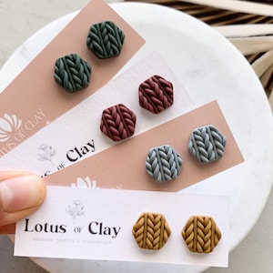 Sweater polymer clay stud earrings, knitted sweater studs, hexagon geometric earrings, winter or fall clay earrings, gifts for knitters