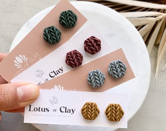 Sweater polymer clay stud earrings, knitted sweater studs, hexagon geometric earrings, winter or fall clay earrings, gifts for knitters