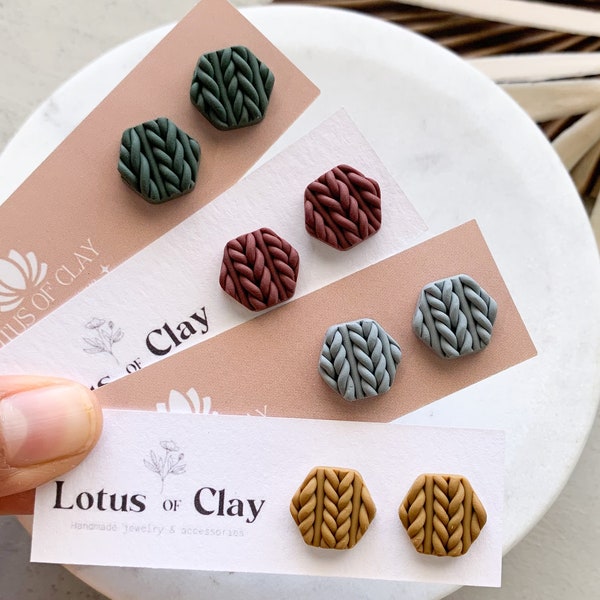 Sweater polymer clay stud earrings, knitted sweater studs, hexagon geometric earrings, winter or fall clay earrings, gifts for knitters