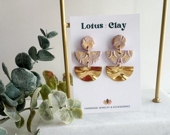 Light purple and gold clay earrings, lavender geometric earrings, semicircle statement earrings, handmade clay earrings