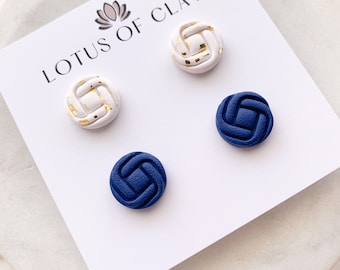 Polymer clay circle studs, set of 2 clay studs, navy blue studs, white stud earrings, unique geometric stud earrings
