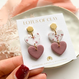 Valentines day heart dangle earrings, Valentine’s Day clay earrings, double heart pink earrings, galentines day gifts for best friends