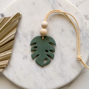 Monstera plant clay car diffuser, boho car air freshener, plant car charm, plant lover gift, car decor for women