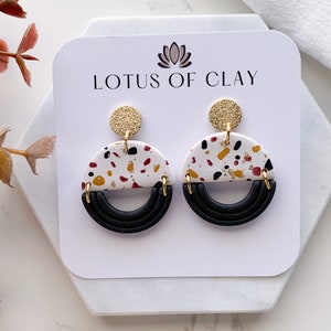 Handmade terrazzo clay earrings, black modern dangle earrings, geometric circle earrings, unique statement earrings for women