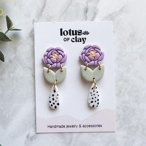 polymer clay peony flower earrings, handmade flower dangle earrings, unique floral earrings, statement flower earrings, flower lover gift