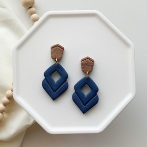 Navy blue modern clay earrings, handmade unique earrings, lightweight statement drop earrings, small gifts for mom