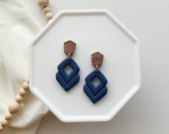 Navy blue modern clay earrings, handmade unique earrings, lightweight statement drop earrings, small gifts for mom