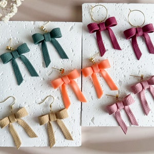 Polymer clay bow dangle earrings, unique modern ribbon earrings, coquette bows hoop earrings, small gifts for best friends