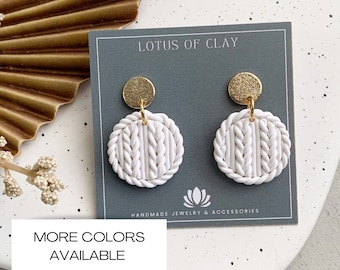 Handmade sweater clay earrings, round geometric earrings, winter clay earrings, polymer clay jewelry, gift for knitting lovers