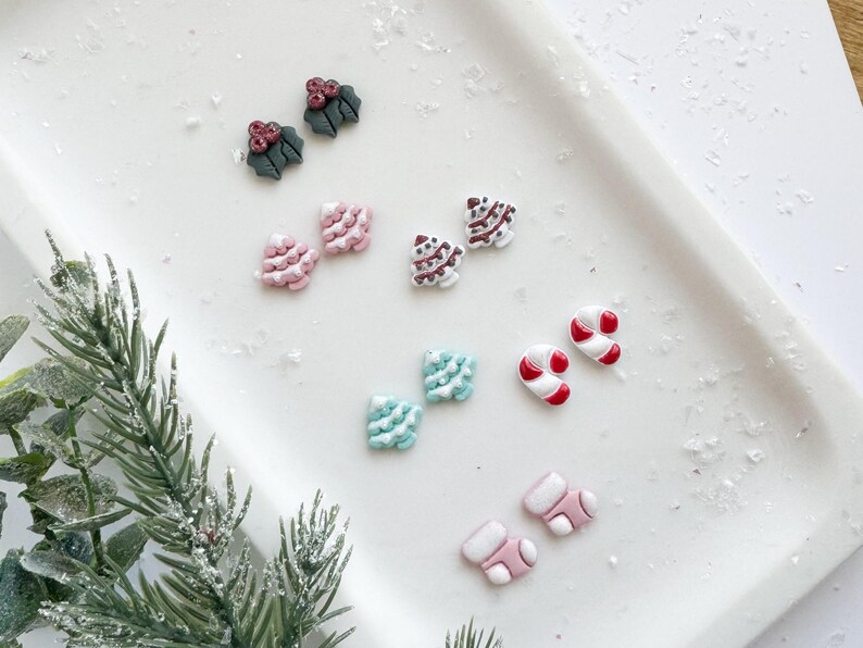 Christmas Clay Stud Earrings, Pink Christmas Tree Studs, Candy Cane