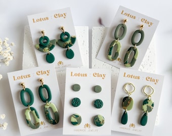 Handmade green clay earrings, dark green geometric dangle earrings, marble half circle earrings, clay stud pack