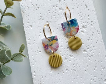 Polymer clay yellow hoop earrings,  multicolor geometric dangle earrings, handmade colorful earrings, vacation hoop earrings