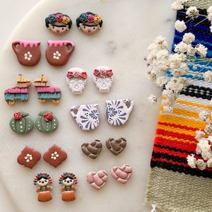 Mexican inspired clay earrings, mini Frida studs, concha stud earrings, piñata studs, skull studs, cute handmade earrings