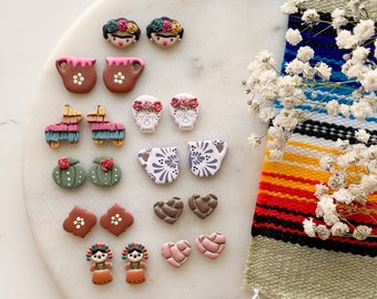 Mexican inspired clay earrings, mini Frida studs, concha stud earrings, piñata studs, skull studs, cute handmade earrings