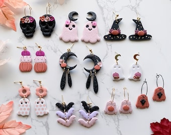Handmade Halloween clay earrings, pink and black Halloween earrings, cute fall clay earrings, pink ghost earrings, pink pumpkin earrings